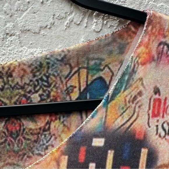 MADE IN ITALY Top Women 8 Artsy Art To Wear Avant Garde All Over Print Mona Lisa - Picture 4 of 9